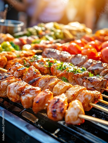 Delicious Grilled Skewers at a Lively Street Market with Vibrant Atmosphere