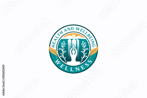 Wellness yoga logo template with woman symbol meditating waterfall background