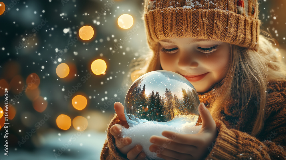 Naklejka premium Young child holds a shimmering snow globe filled with tiny Christmas tree inside during a snowy evening in winter wonderland. 