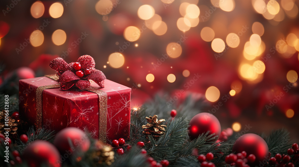 Christmas background with a red gift box and decorations, red Christmas decorations with bokeh lights on a blurred background, Generative AI Christmas background with a red gift box and decorations, red Christmas decorations with bokeh lights on a blurred background, Generative AI