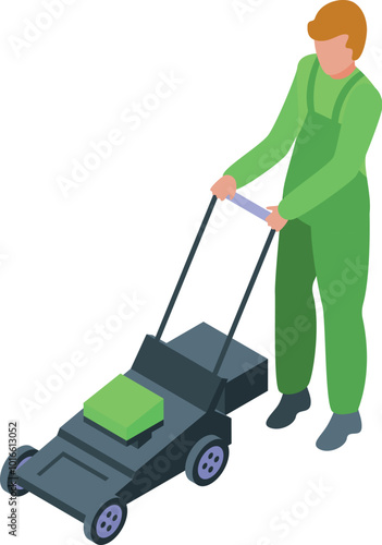 Gardener mowing lawn with modern lawnmower isometric illustration