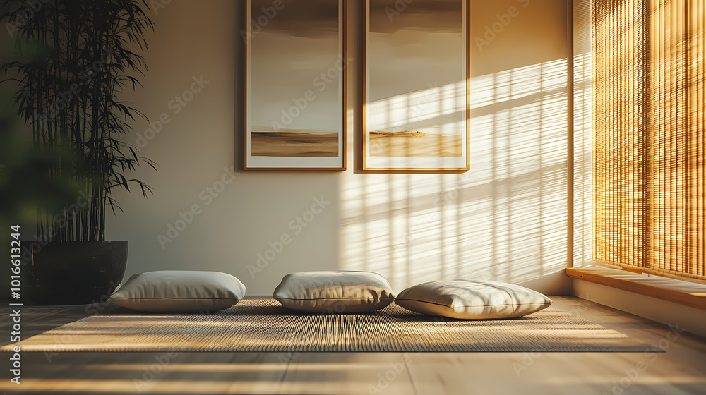 Obraz premium Generative AI, Minimalist Meditation Room with Natural Light and Calm Decor 