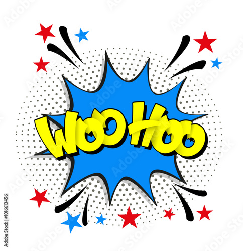 Comic lettering woo hoo. Vector bright cartoon illustration in retro pop art style. Comic text sound effects. EPS 10.	