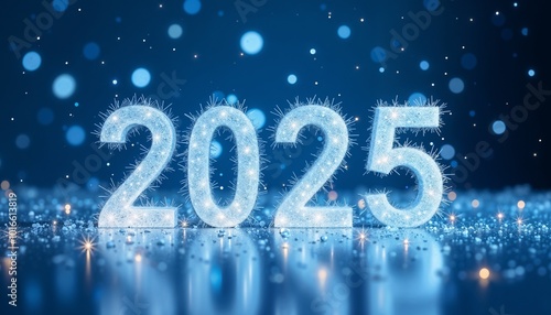 Icy sparkling numbers 2025 with blue bokeh background for New Year celebration