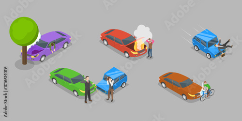 3D Isometric Flat Vector Illustration of Accidents On Road, Transport Vehicles Emergency