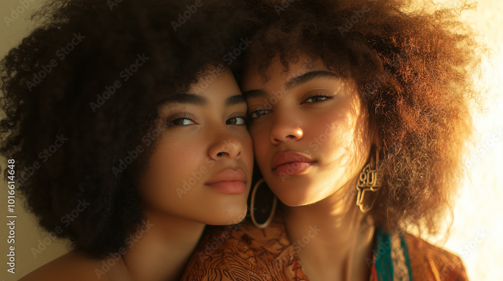 Obraz premium Close-Up Portrait of Two Women with Natural Hair in Warm Sunlight
