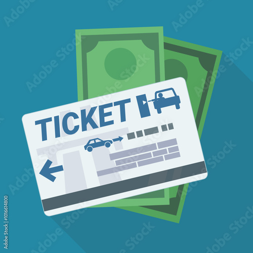 A toll ticket with a wad of green bills on a blue background with long shadow (flat design)