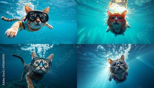 cat in diving mask scuba diving underwater