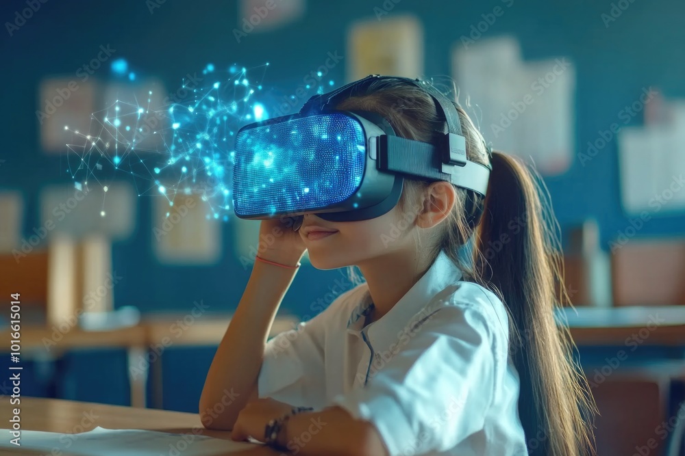 A young girl is enjoying her virtual reality experience with a colorful headset and controllers.
