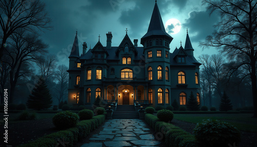 Haunted Victorian Mansion Under a Full Moon, With Eerie Glowing Windows and Fog Surrounding Dark Forest Trees