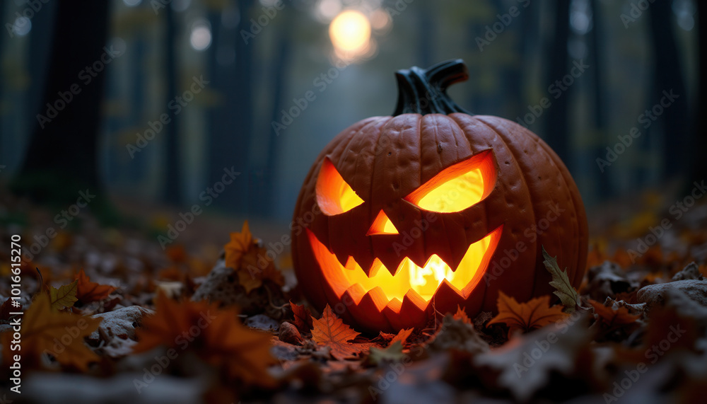 Carved Halloween pumpkin glowing in the dark forest with autumn leaves on the ground, creating a spooky atmosphere for a festive and eerie seasonal celebration. Carved Halloween pumpkin glowing in the dark forest with autumn leaves on the ground, creating a spooky atmosphere for a festive and eerie seasonal celebration.