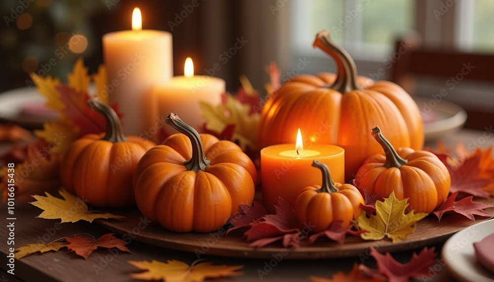 Autumnal Thanksgiving table centerpiece with miniature pumpkins, glowing candles, and vibrant fall leaves, creating a warm and inviting seasonal decor for holiday celebrations and cozy gatherings. Autumnal Thanksgiving table centerpiece with miniature pumpkins, glowing candles, and vibrant fall leaves, creating a warm and inviting seasonal decor for holiday celebrations and cozy gatherings.