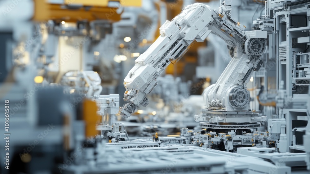 A detailed view of robotic arms in an industrial setting, showcasing automation technology. A detailed view of robotic arms in an industrial setting, showcasing automation technology.