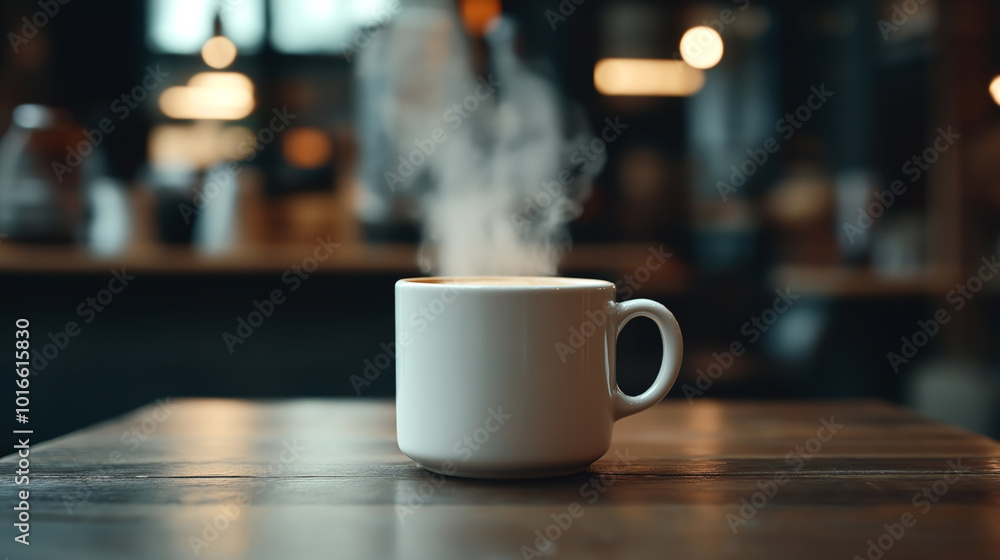 A steaming white coffee cup on a wooden table with a blurred background, featuring warm interior lighting, suggesting a cozy cafe environment. A steaming white coffee cup on a wooden table with a blurred background, featuring warm interior lighting, suggesting a cozy cafe environment.