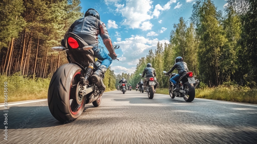 Obraz premium A group of motorbikes on the forest road riding. having fun driving the empty road on a motorcycle tour journey. In summer against a blue sky. Concept of motorsport, speed. Back bottom view