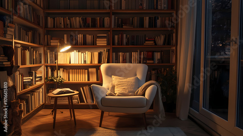 Generative AI, Minimalist Reading Space with a Floor Lamp and Simple Bookshelves 