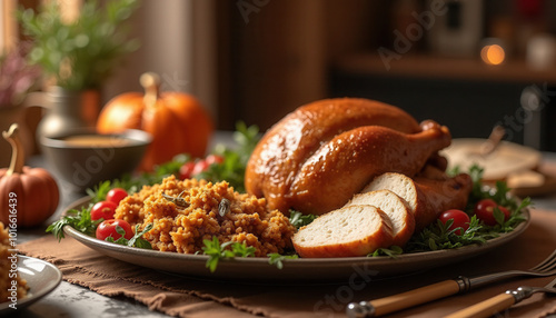A golden roasted Thanksgiving turkey is served with garnish and candles, creating a warm and festive atmosphere for the holiday meal, while fresh herbs and vegetables add seasonal flavors.