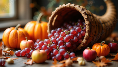 A cornucopia overflowing with vegetables, gourds, and autumn leaves, symbolizing a bountiful harvest and the Thanksgiving season.