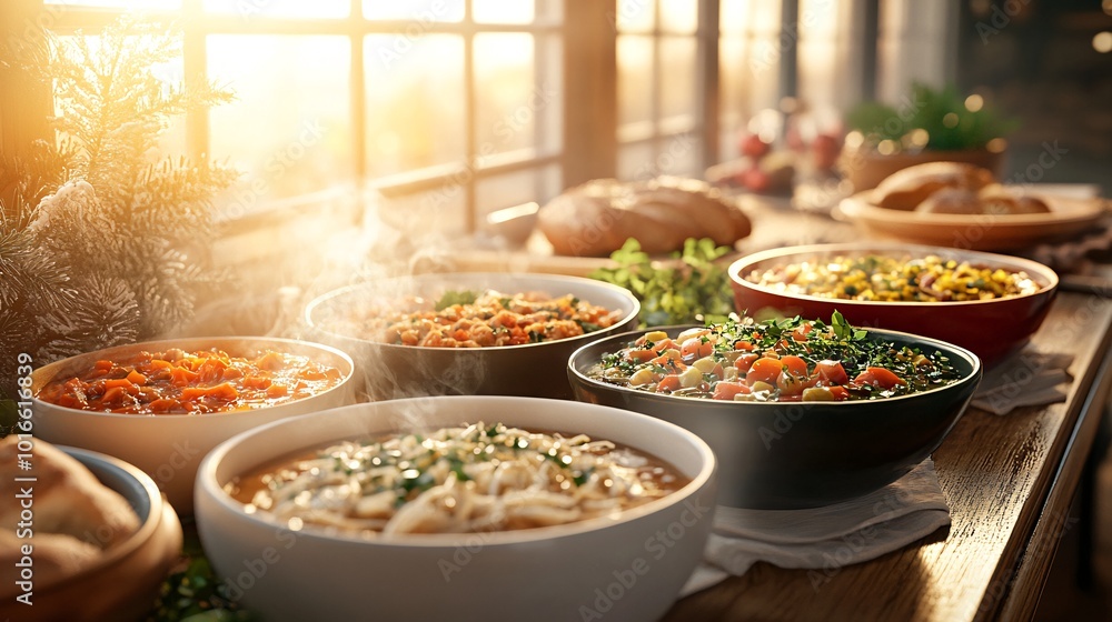A Long Farmhouse Kitchen Table Laden with Delicious Variety of Fresh Meals A Long Farmhouse Kitchen Table Laden with Delicious Variety of Fresh Meals