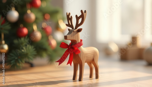 A wooden reindeer ornament with a red ribbon around its neck, standing in front of a beautifully decorated Christmas tree with red, gold, and white ornaments, bathed in soft natural light.