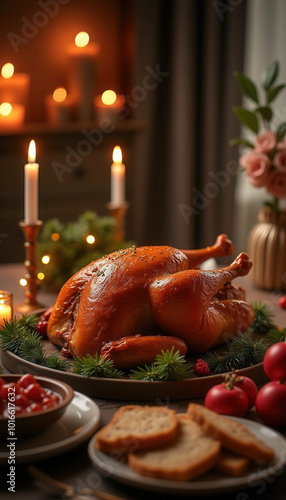 A golden roasted Thanksgiving turkey is served with garnish and candles, creating a warm and festive atmosphere for the holiday meal, while fresh herbs and vegetables add seasonal flavors.