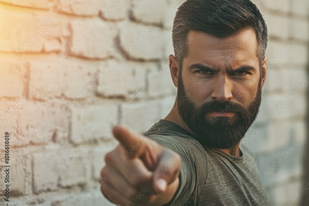 A bearded man points at the camera lens, making eye contact with the viewer. A bearded man points at the camera lens, making eye contact with the viewer.