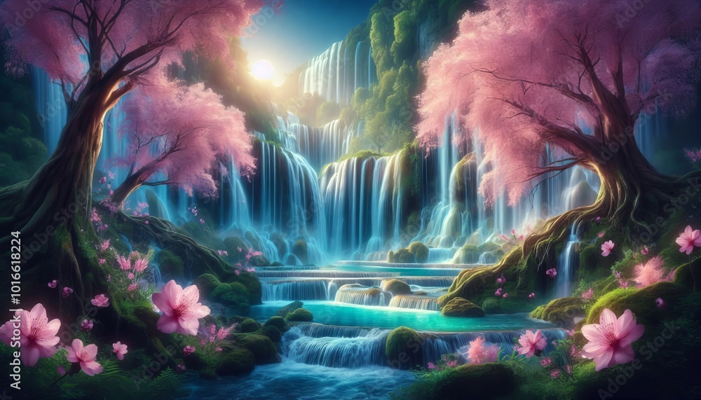 Magical landscape with Waterfall and sakura tree with pink blossom cherry like sakura flower