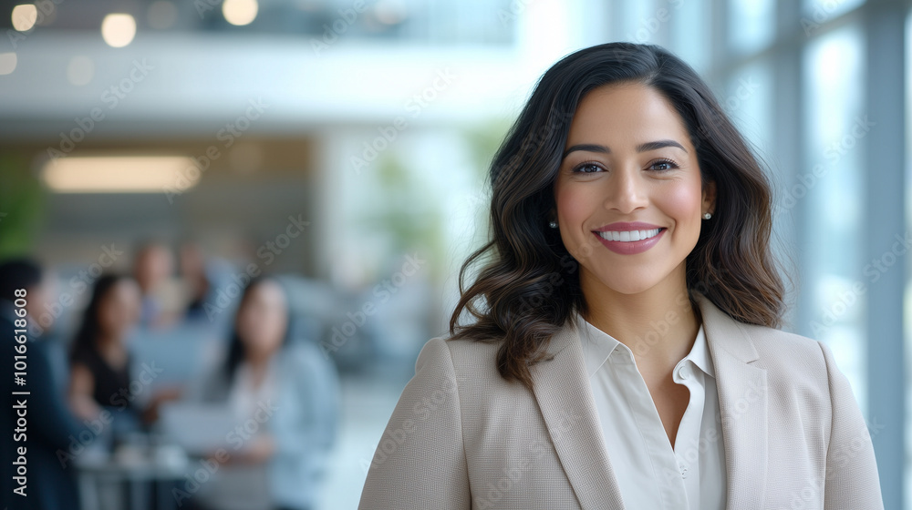 Fototapeta premium Female professional in business attire at corporate event with colleagues in background A businesswoman, dressed in a beige blazer, stands at the forefront of a corporate networkin