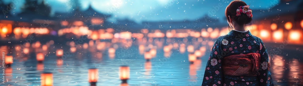 Fototapeta premium A serene night scene with a person in traditional attire by a water body adorned with floating lanterns.