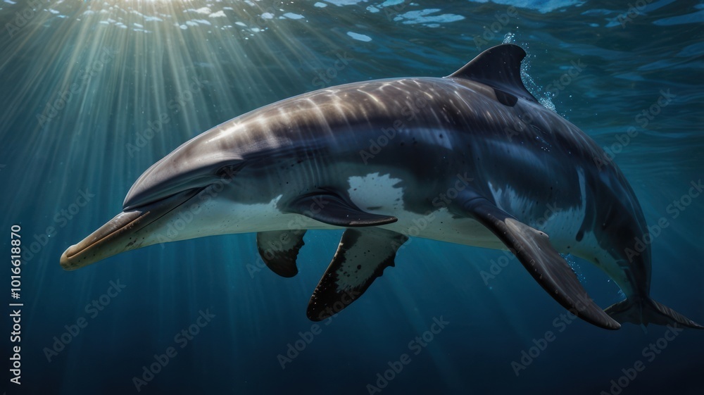 Fototapeta premium A dolphin swims through the clear blue water, sunlight shining through the surface above.