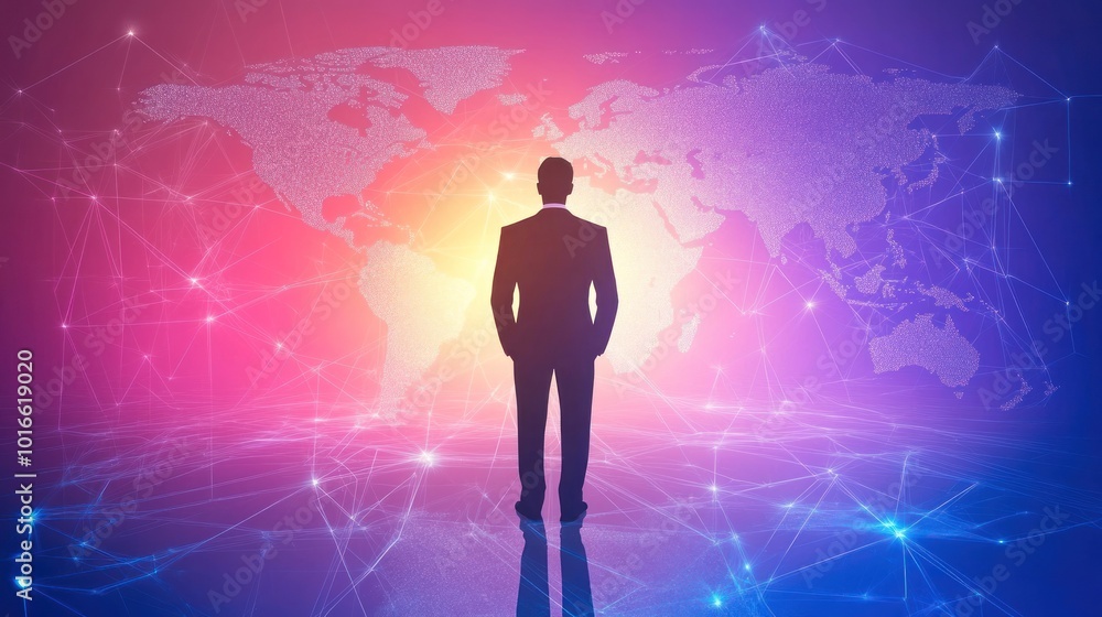 Silhouetted figure standing before a digital world map with network connections, symbolizing global business, connectivity, or international affairs in a tech-driven world. Silhouetted figure standing before a digital world map with network connections, symbolizing global business, connectivity, or international affairs in a tech-driven world.