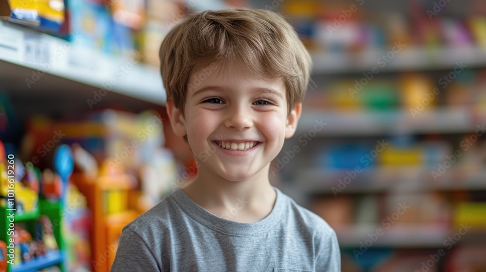 A young boy with a smiley face in a store. A young boy with a smiley face in a store.