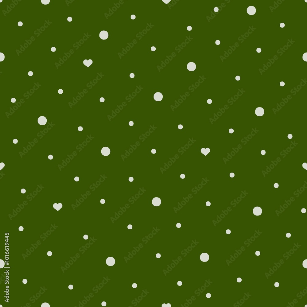 Big, small white balls and hearts on a green background Big, small white balls and hearts on a green background