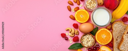 Wallpaper Mural Colorful breakfast assortment with fruits, nuts, and cereals on a pink background. Torontodigital.ca