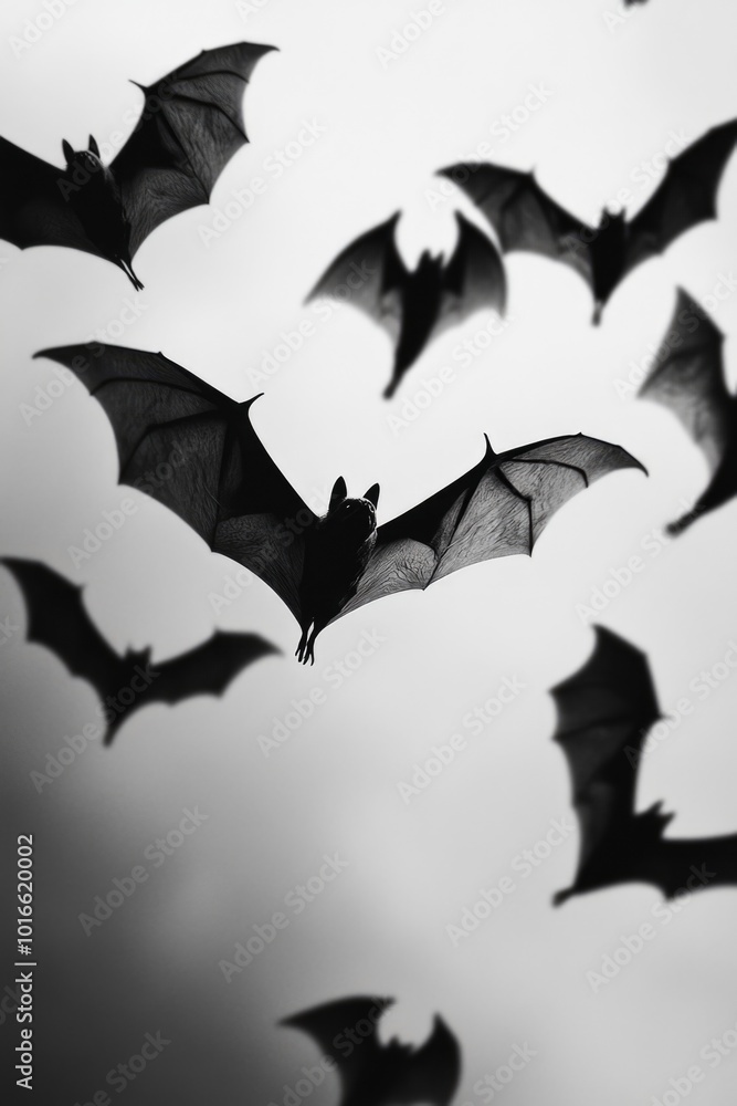 A group of bats soaring through the sky at dusk. A group of bats soaring through the sky at dusk.
