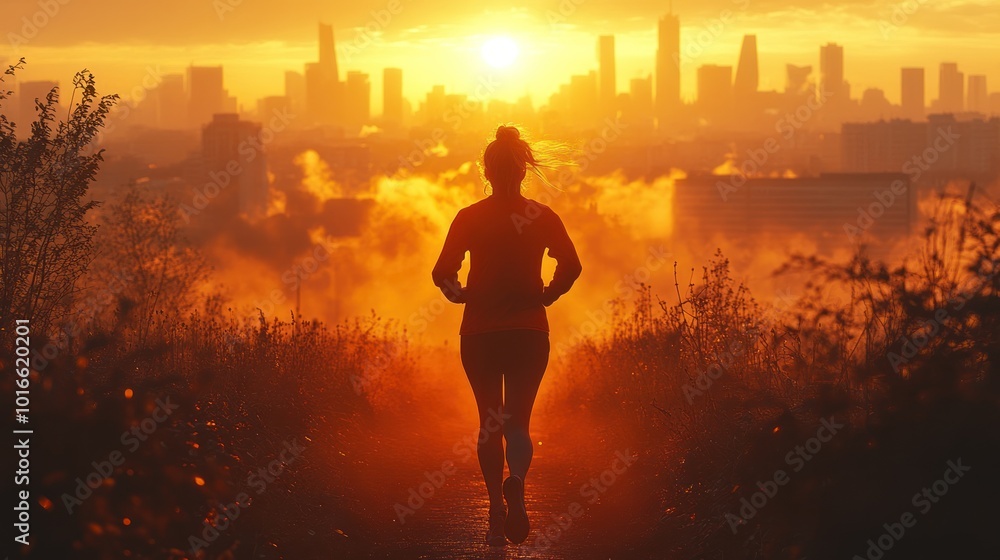 Silhouette of a Runner at Sunrise over City Silhouette of a Runner at Sunrise over City