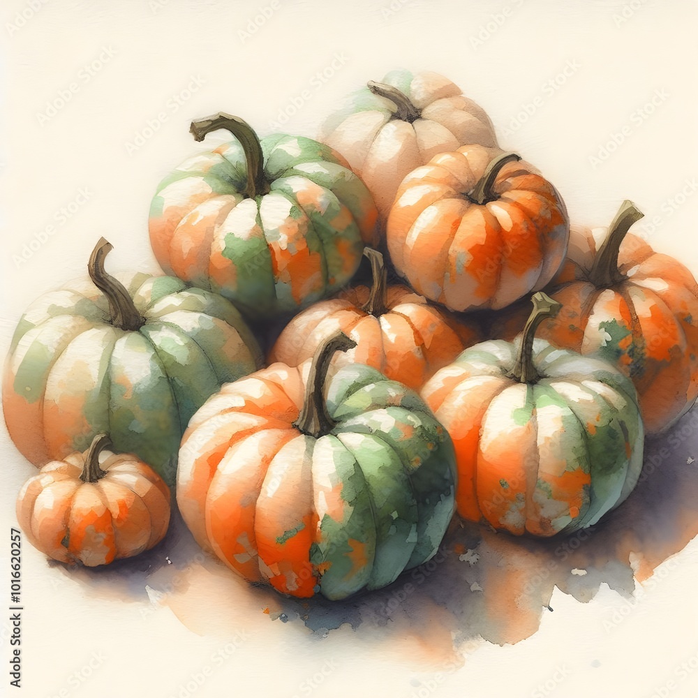 A cluster of pumpkins in a soft, watercolor style. A cluster of pumpkins in a soft, watercolor style.