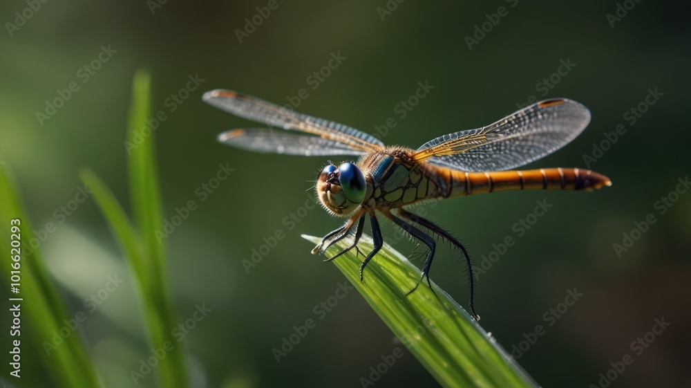 A dragonfly perched on a blade of grass with its wings spread out. A dragonfly perched on a blade of grass with its wings spread out.