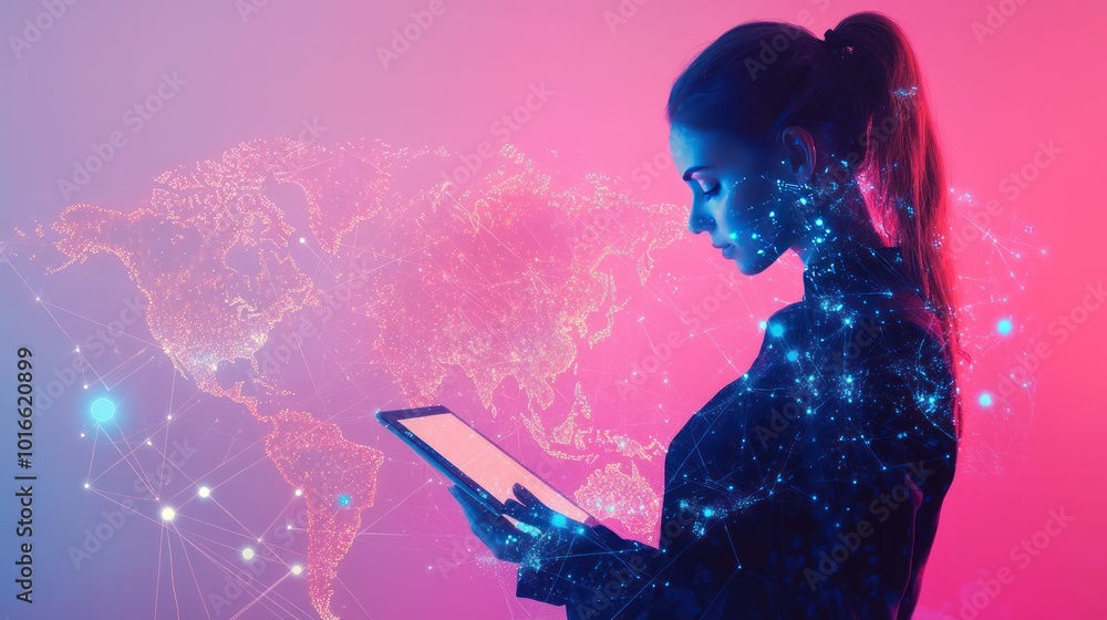 Silhouette of a woman with digital overlay of network connections and world map, symbolizing global communication and technology, using a tablet in a neon-lit space. Silhouette of a woman with digital overlay of network connections and world map, symbolizing global communication and technology, using a tablet in a neon-lit space.