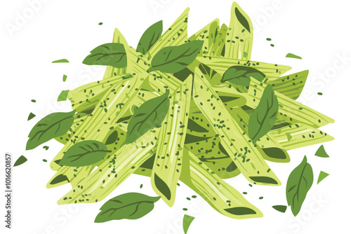 Penne Pasta with Fresh Basil Pesto Sauce isolated illustration