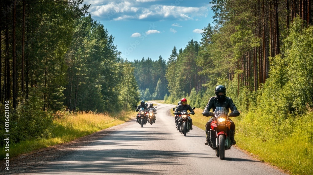Naklejka premium A group of motorbikes on the forest road riding. having fun driving the empty road on a motorcycle tour journey. In summer against a blue sky. front view