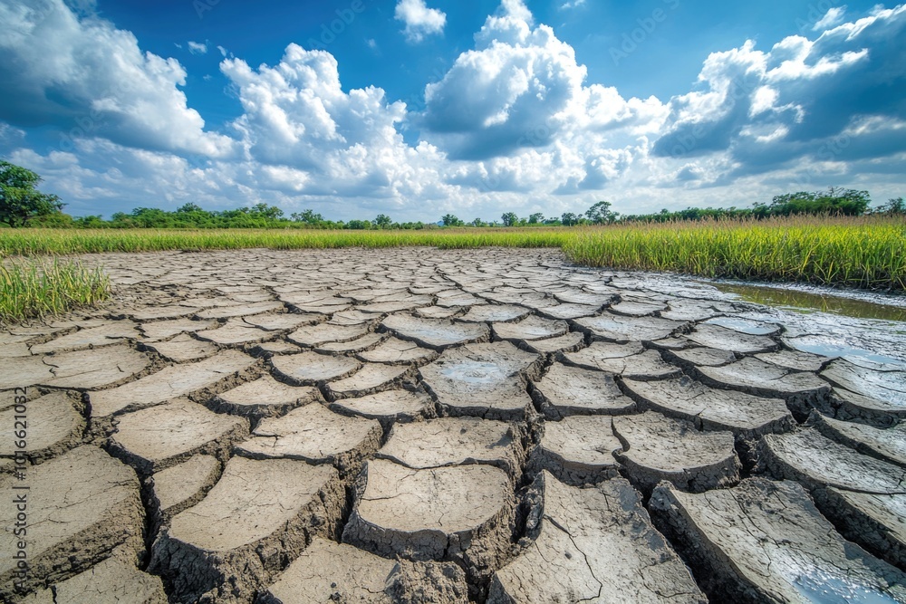 Φωτογραφία A dry and cracked riverbed in the middle of a green field, perfect for landscape or nature photography