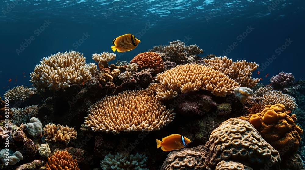 Φωτογραφία Underwater scene featuring diverse coral formations and two colorful yellow fish swimming over a vibrant coral reef with clear blue water in the background