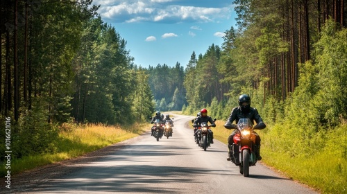 A group of motorbikes on the forest road riding. having fun driving the empty road on a motorcycle tour journey. In summer against a blue sky. front view