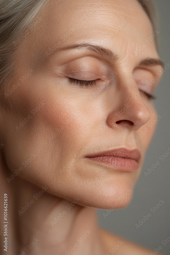 A close-up view of a woman's face with her eyes shut, great for representing relaxation or contemplation. A close-up view of a woman's face with her eyes shut, great for representing relaxation or contemplation.