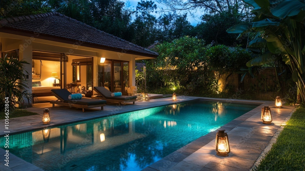 Cozy holiday home with a lit swimming pool at night, lanterns and pool lights creating a relaxing scene. Cozy holiday home with a lit swimming pool at night, lanterns and pool lights creating a relaxing scene.