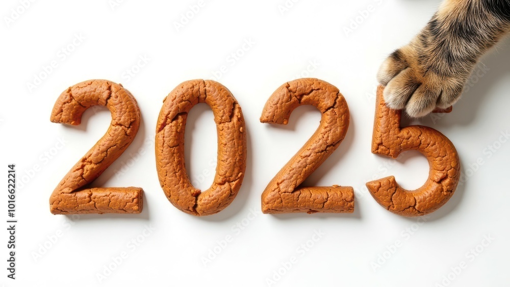 Obraz premium number 2025 made of brown baked good, cookies, on white background, cat's paw touching number 5. pet store promotion advertising, pet food advertisement, celebration and party preparation concept
