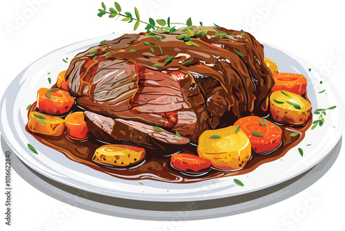 raditional German Sauerbraten with Tender Marinated B isolated illustration