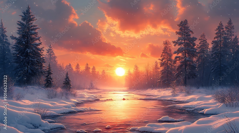 Naklejka premium A snowy forest scene with a river flowing through it, the sun setting in the background.