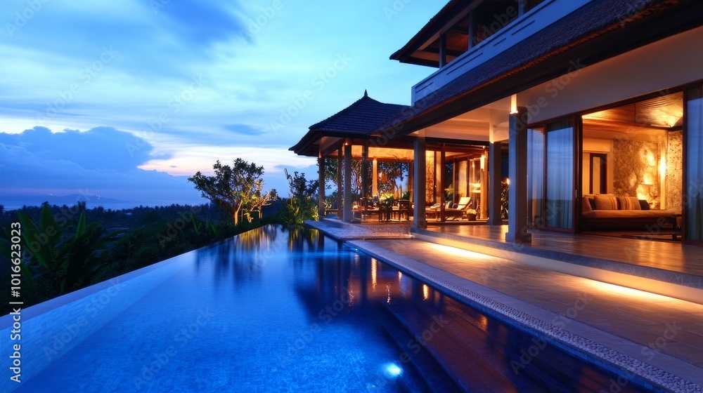 Holiday villa with an outdoor pool at night, soft blue lighting in the water creating a relaxing atmosphere Holiday villa with an outdoor pool at night, soft blue lighting in the water creating a relaxing atmosphere